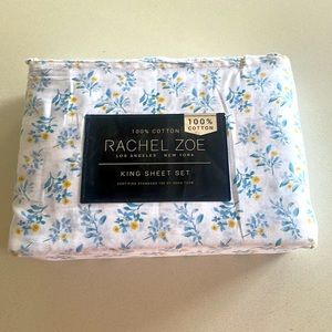 New Rachel Zoe 100% Cotton King Sheet Set Floral Pattern Color White/Blue/Yellow
